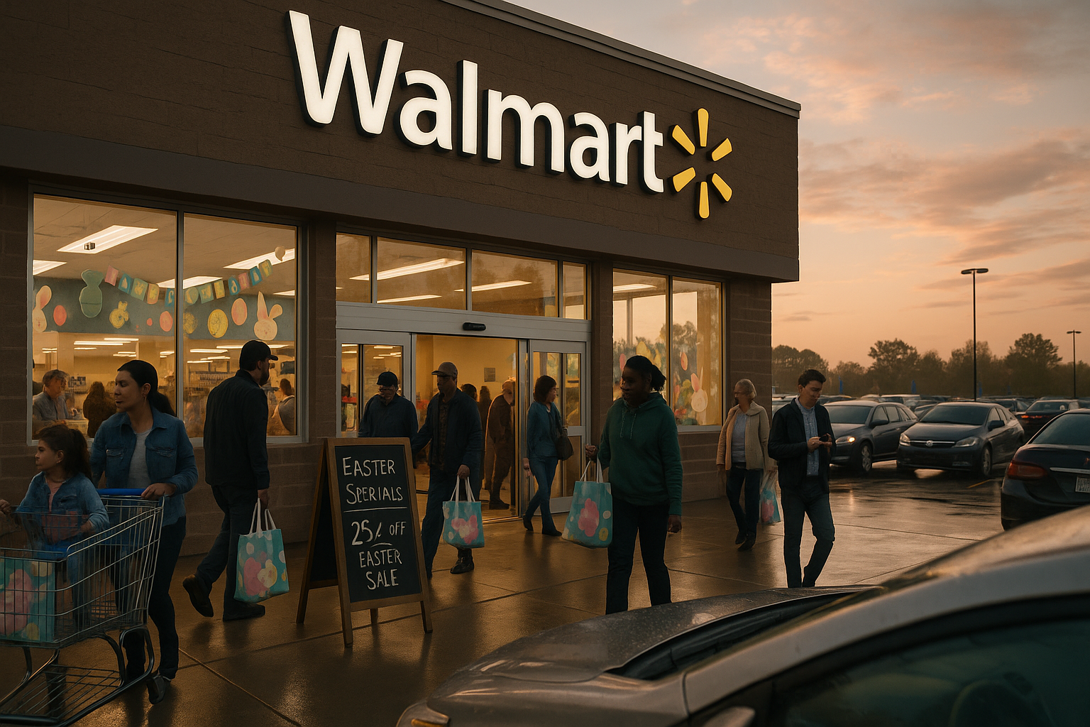 Walmart entrance on Easter Sunday 2026 with diverse shoppers, colorful Easter decorations, and promotional chalkboard under a pink and orange morning sky. Shoppers carry Easter bags; parking lot is full yet organized, reflecting a festive atmosphere