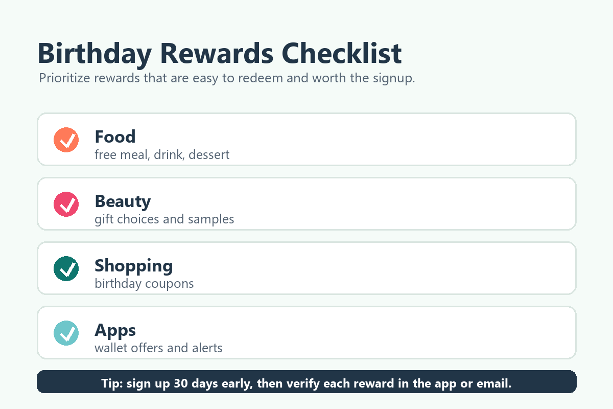 Birthday rewards checklist showing food beauty shopping and app signup steps for 2026