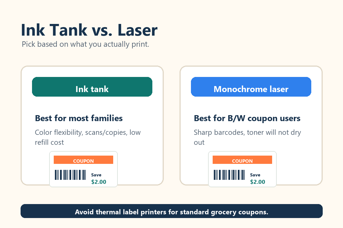 Ink tank versus laser printer comparison for printable coupons barcode clarity and low running costs