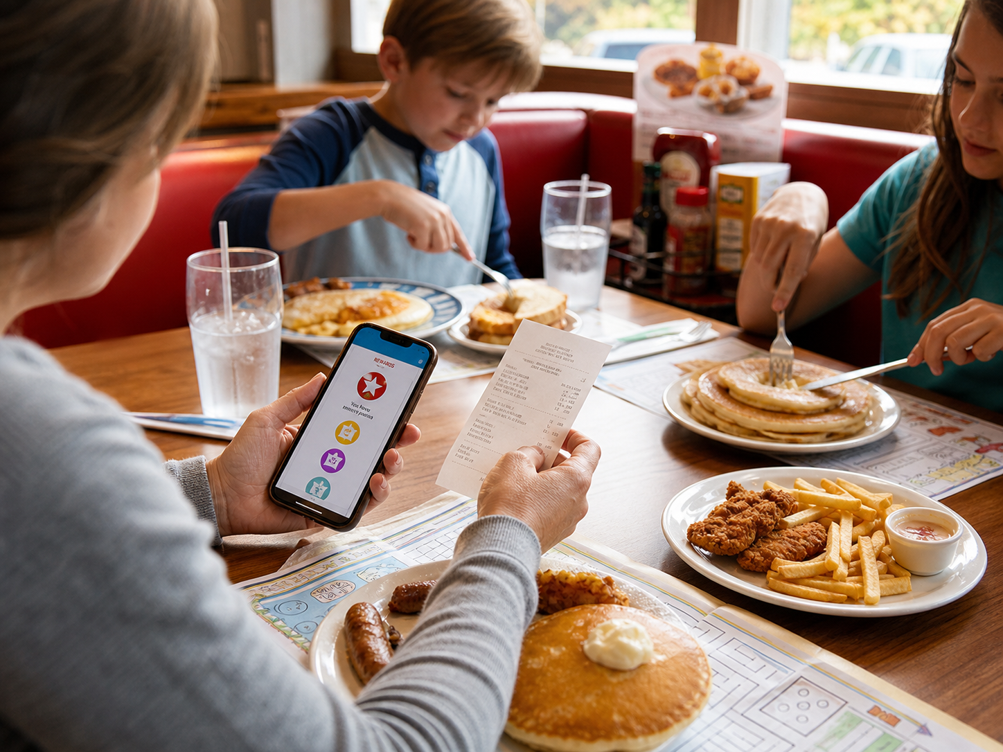 Family diner meal with receipt and rewards app for planning Denny's kids eat free and family savings