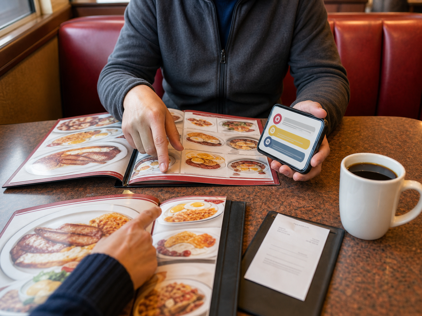 Diner table with menu receipt and rewards app showing how to compare Denny's value meals and offers