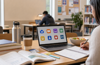 Graduate student workspace with laptop books notebook and free resource icons for student freebies in 2026