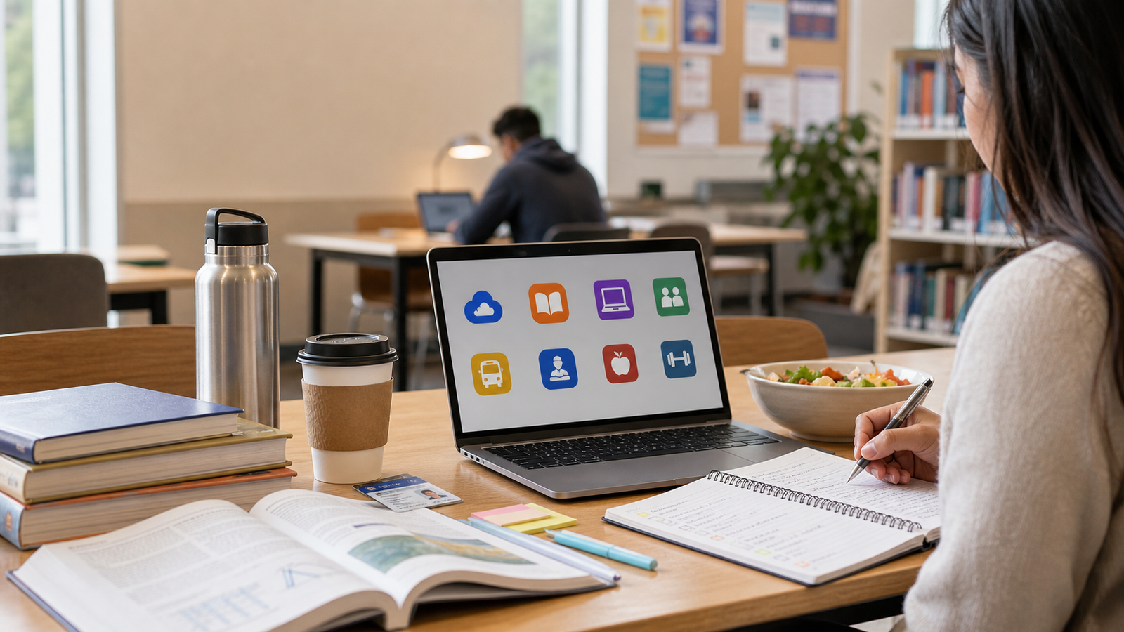 Free Stuff for Graduate Students: 25 Best Perks to Claim in 2026 1 Graduate student workspace with laptop books notebook and free resource icons for student freebies in 2026