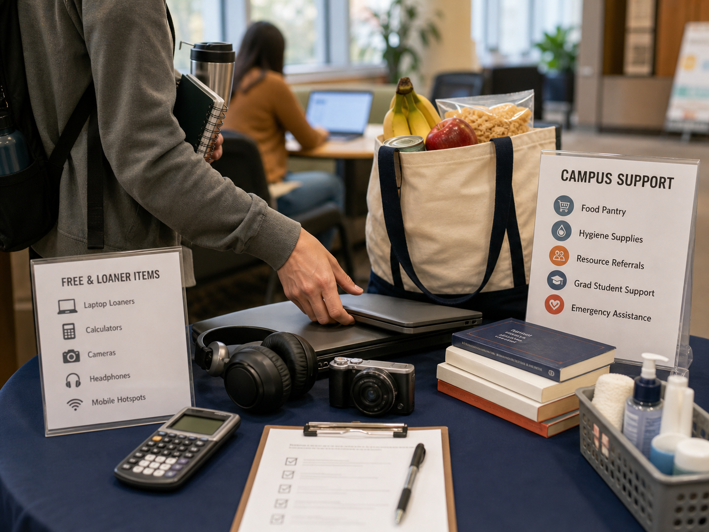 Free Stuff for Graduate Students: 25 Best Perks to Claim in 2026 3 Campus support table with groceries laptop loaner books calculator and hygiene supplies for graduate student resources
