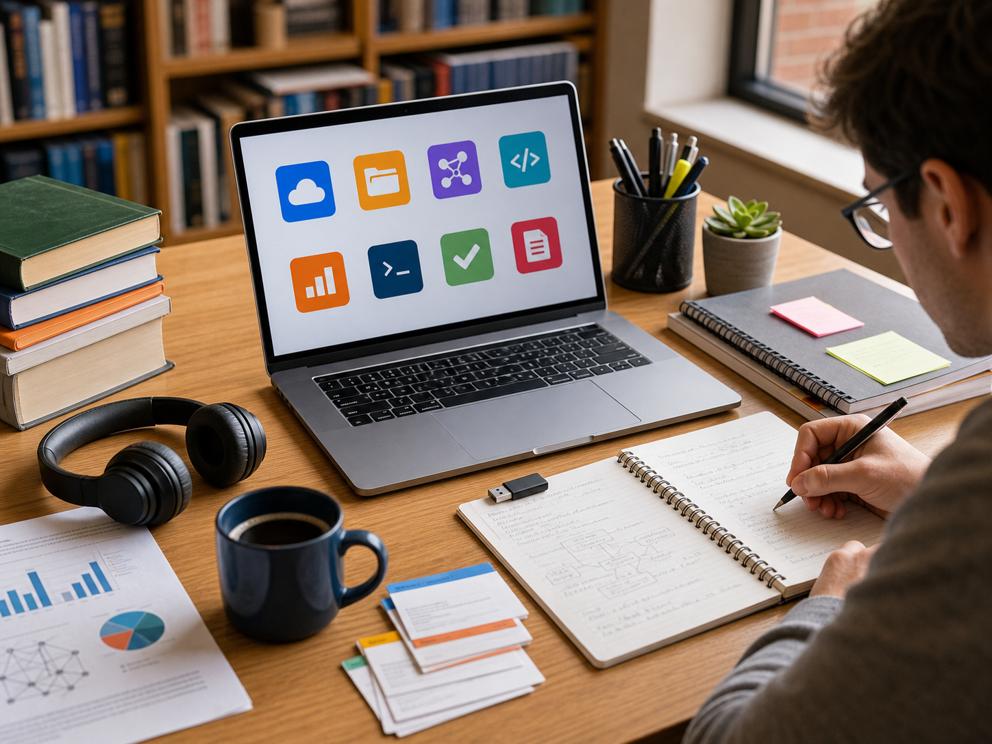 Free Stuff for Graduate Students: 25 Best Perks to Claim in 2026 2 Graduate student desk with laptop software icons books notebook and research materials for free academic tools