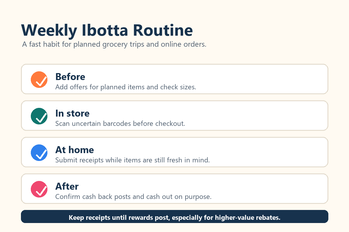 Ibotta weekly routine checklist for adding offers scanning items submitting receipts and cashing out