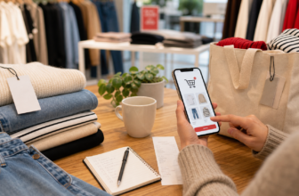 H&M hacks guide with folded clothes shopping app receipt and reusable bag for saving money on fashion orders