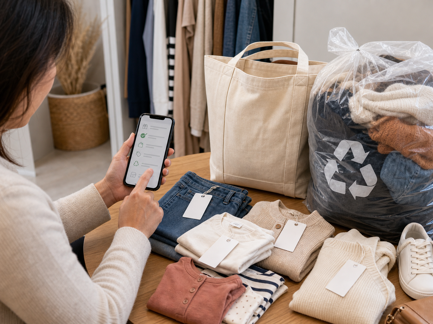 H&M Hacks: 15 Smart Ways to Save More on Every Order 2 H&M returns and recycling planning with clean clothing bag tags attached smartphone checklist and folded basics