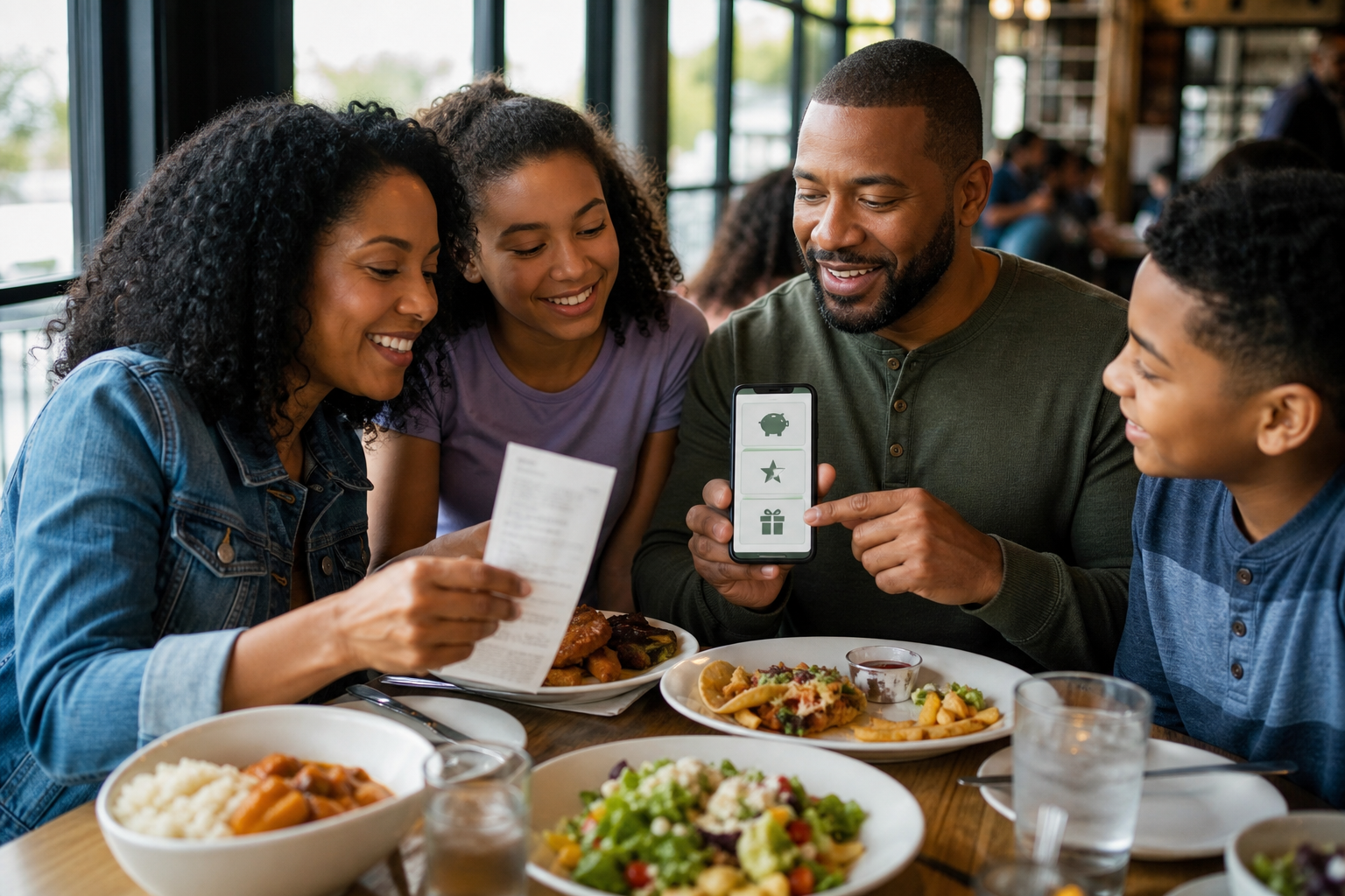 Family at a restaurant checking rewards and coupons before paying