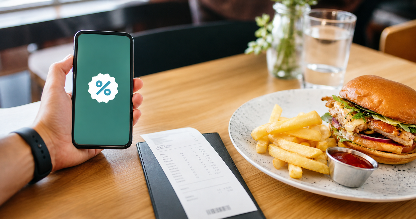 Restaurant coupons online shown on a phone beside a meal and receipt