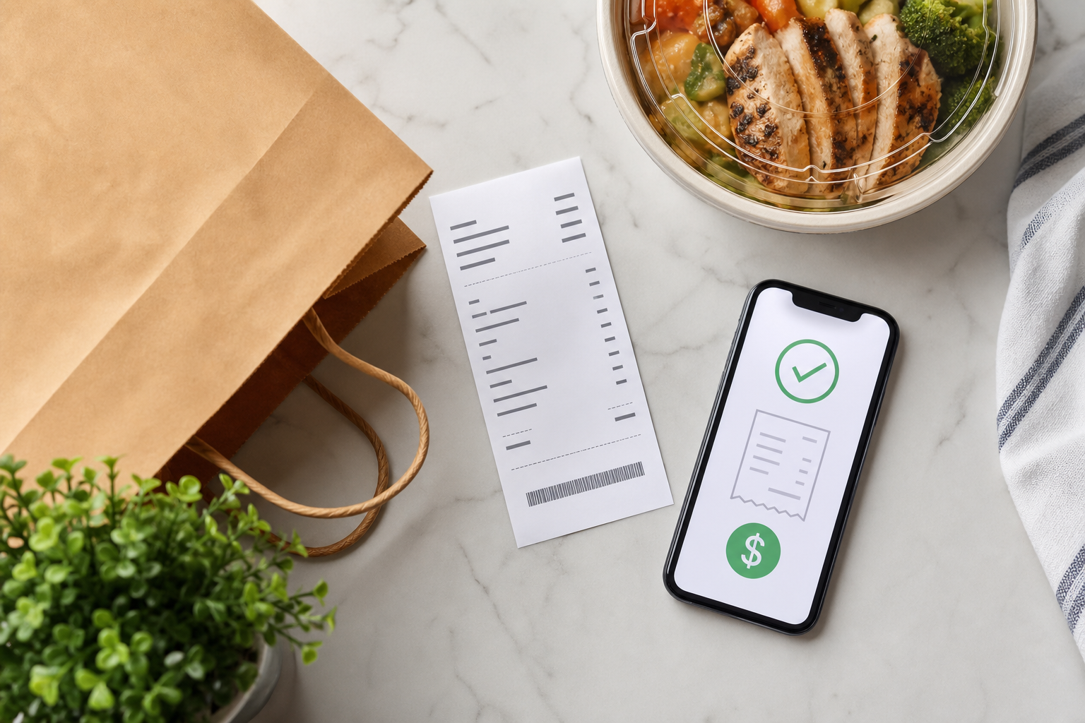 Takeout order with receipt and phone used to verify restaurant coupon savings
