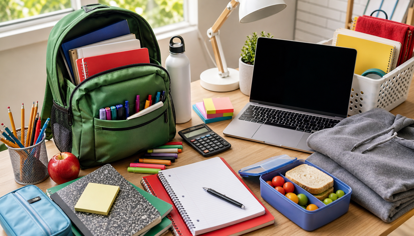 Back-to-school supplies, laptop, backpack and lunch box arranged for 2026 deal shopping