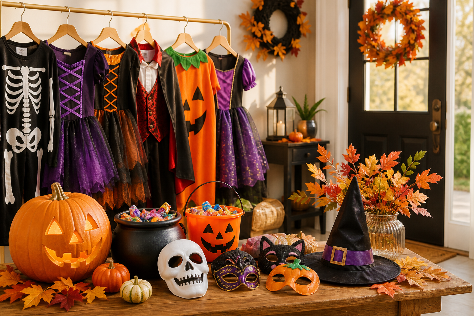 Halloween costumes, pumpkin, masks, candy and decorations arranged for deal shopping
